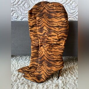 CHINESE LAUNDRY. Fabric tan and black zebra, over the calf pointed boot.